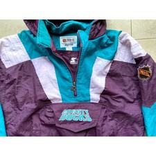 Anaheim Mighty Ducks 90s STARTER Color Block puffer Pullover jacket XL NHL vtg