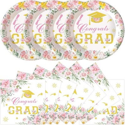 40 Pcs Graduation Paper Plates and Napkins Party Supplies, Floral Congrats Grad