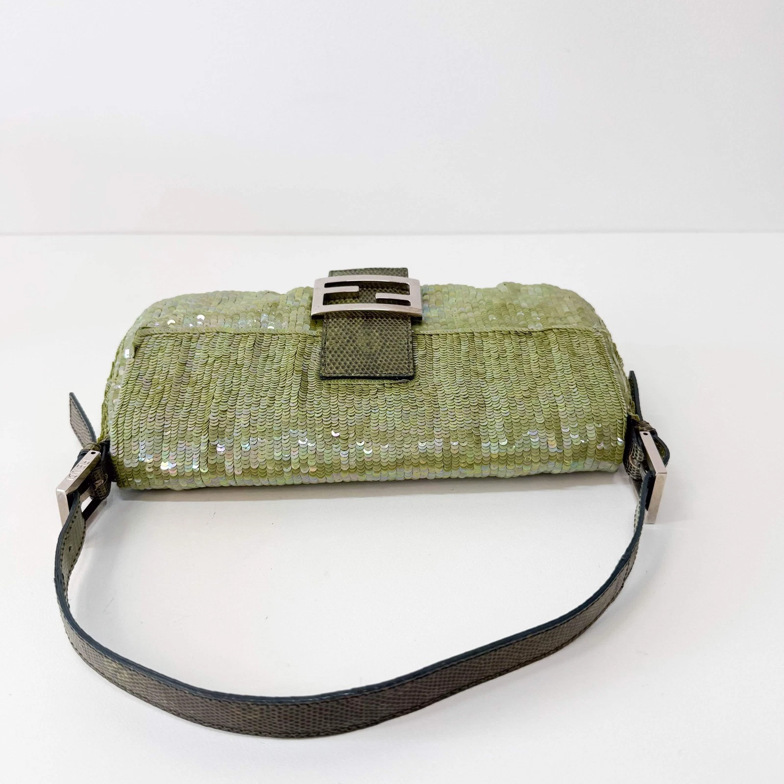 FENDI Baguette Green Sequin Shoulder Bag
