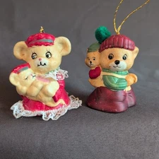 Jasco Bisque Caring Critter Chimers Bell Christmas Ornaments Mouse & Bear Vtg