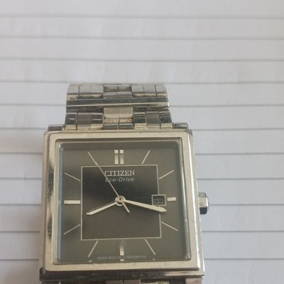 Citizen Eco-Drive Quartz Black Dial Rectangle Watch Silver Stainless Steel Date 
