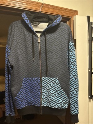 VERSACE La Greca logo blue & navy zip Greek key sweatshirt hoodie Medium. $895
