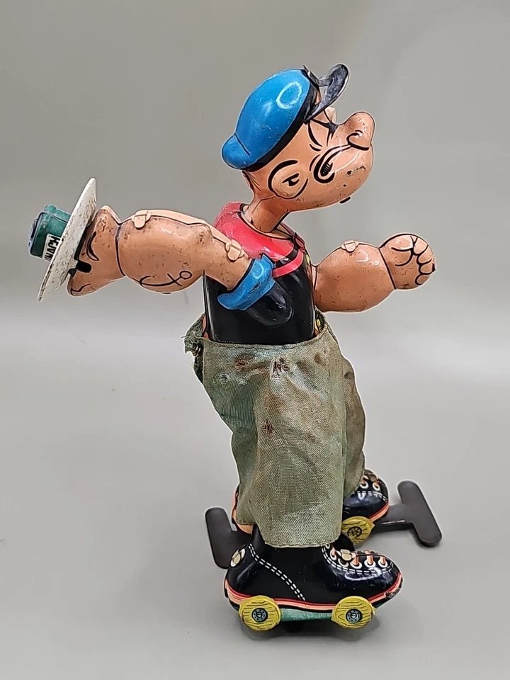 罕见 20 世纪 50 年代老式 LINEMAR TIN WINDUP POPEYE ROLLER 滑冰 无盒,可正常工作 - 阅读 — 第 3/4 张图片