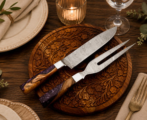 Acier de Damas fait main BBQ Couteau de fourche de chef tailleur en cuir Roll Chef Cadeau