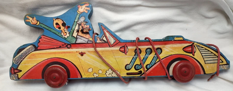 1940 年代 Popeye's Olive Oyl and Bluto 豪华汽车木制拉玩具 — 第 2/4 张图片