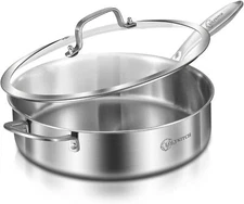 LOLYKITCH 6 QT Tri-Ply Stainless Steel Sauté Pan with 6QT/Long Handle, Silver 