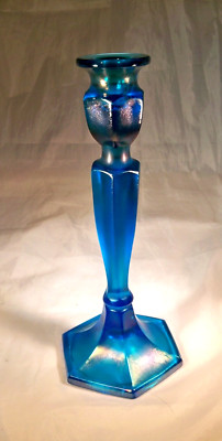 FENTON ART GLASS CELESTE BLUE IRIDESCENT STRETCH 10-1/2'' TALL CANDLESTICK!