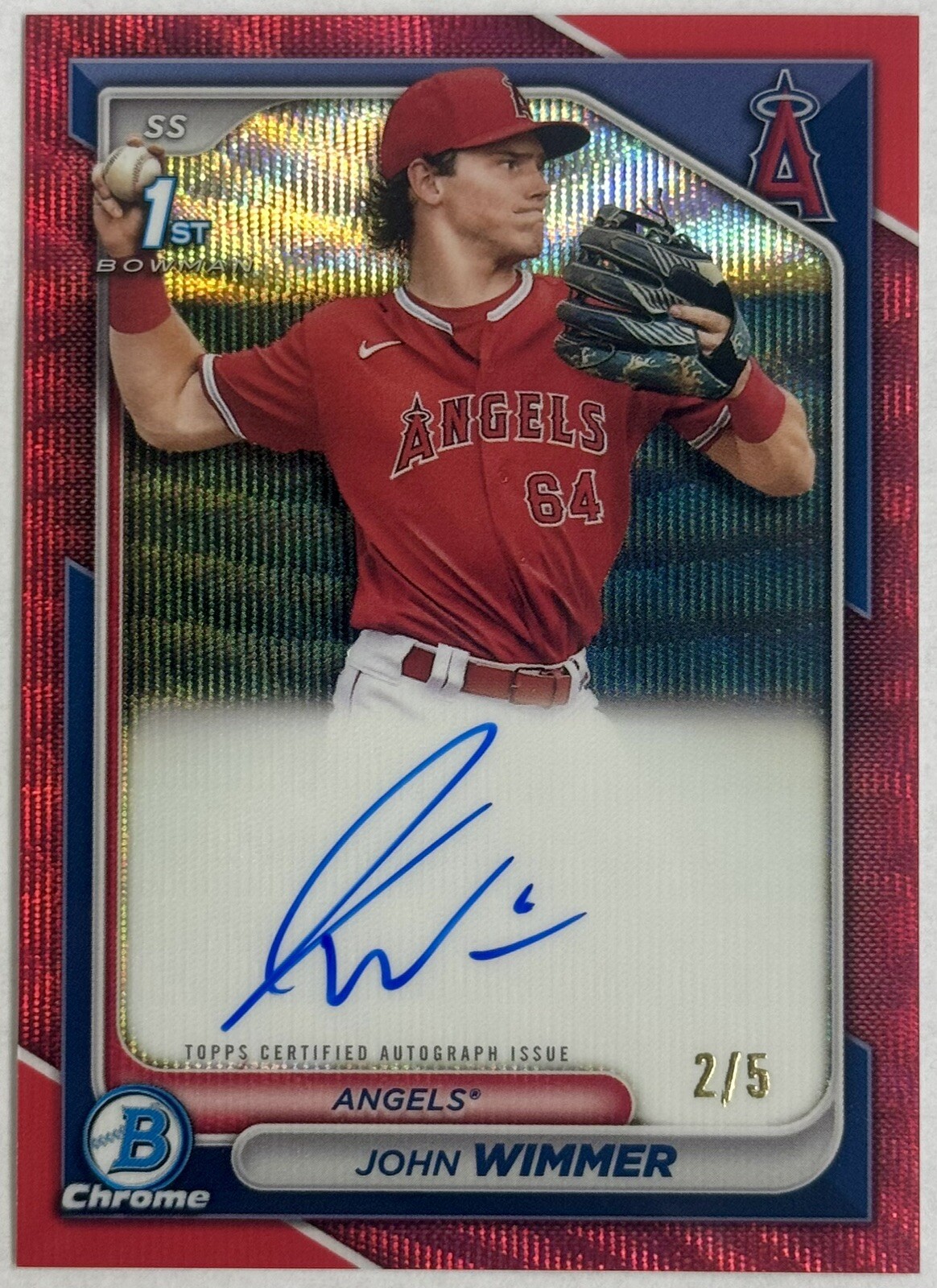 2024 Bowman Chrome John Wimmer 1st Bowman Red Wave On-Card Auto 2/5 CPAJW Angels