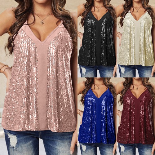 Womens V-Neck Sleeveless Colorblock Sequin Tank Tops Ladies Loose Summer Blouses