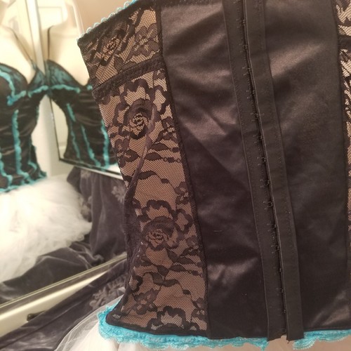 Native Intimates Brand Black Satin Mesh Lace and Turquoise Accent Corset SZ 34B - Picture 7 of 11