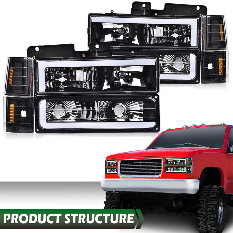 Fit For 94-00 Chevy GMC C/K Suburban LED Tube Headlights Headlamps Black - Image 2 of 4