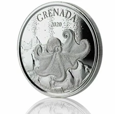 2020 1 oz .999 Silver Coin - Grenada Octopus Volcano - BU Silver Coin #A527