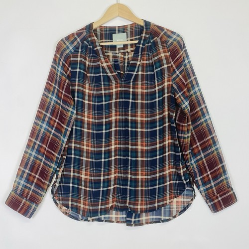 Maeve kastanienbraunes blau kariertes durchsichtiges Langarmshirt geknöpft V-Ausschnitt Damen Medium