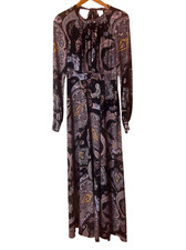 Vintage Express Long Sleeve Keyhole Tie & Open Back Paisley Print Maxi Dress