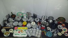 Tin Litho CHILDREN'S Doll Dishes COOKWARE PANS Cutlery Tea Huge Lot 68 Pcs Toy