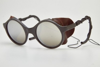 schwarze runde Sonnenbrille BOLLE Arctic Eyewear verspiegelte Gläser Leder Vintage 80er