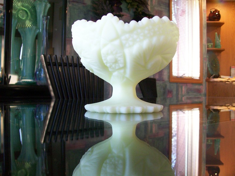 FENTON CUSTARD SATIN GLASS HOBSTARS FOOTED COMPOTE