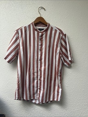 Pull&Bear Rust & White Vertical Stripe Short Sleeve Shirt 100% cotton