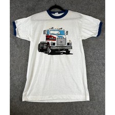 VINTAGE 80s Volvo Big Rig Semi Truck Champion Shirt Mens White Ringer USA Large