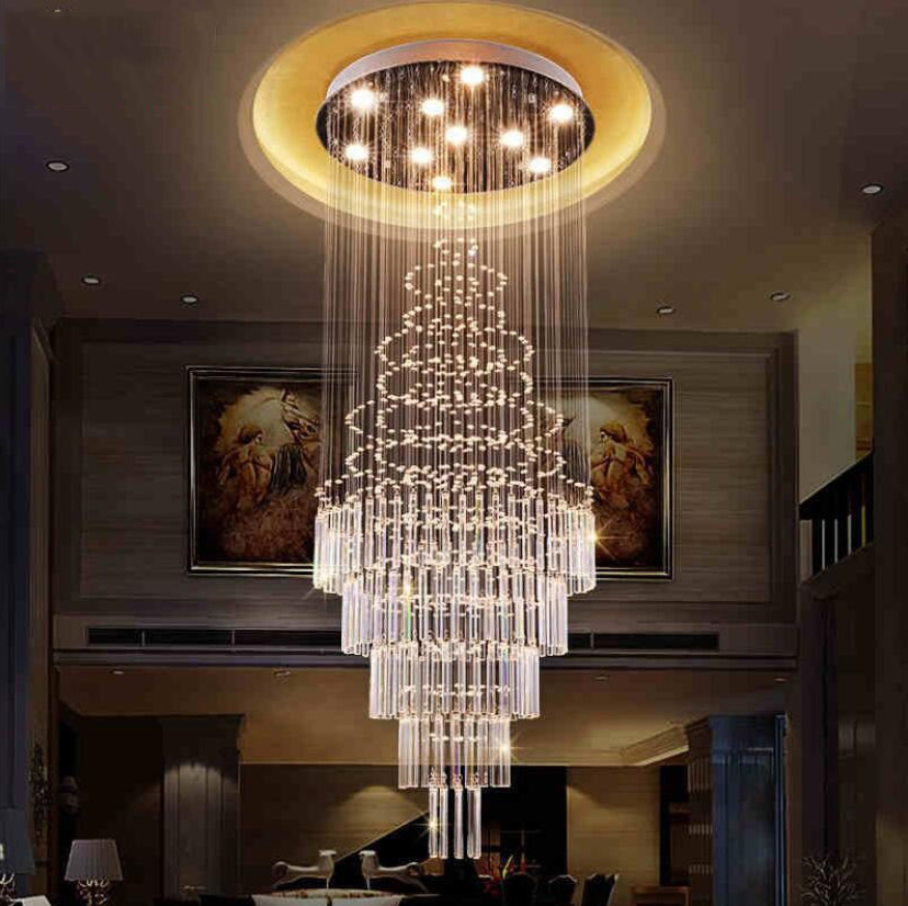 Luxury Long Spiral Crystal LED Chandelier Raindrop Ceiling Light
