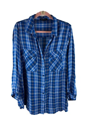 Velvet Heart Woman Plus 1X Plaid Button Top Blue Rayon Long Sleeves