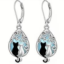 A Swirl Top W/ Cats Next To Each Other W/ Blue Background, Alloy Drop Earrings