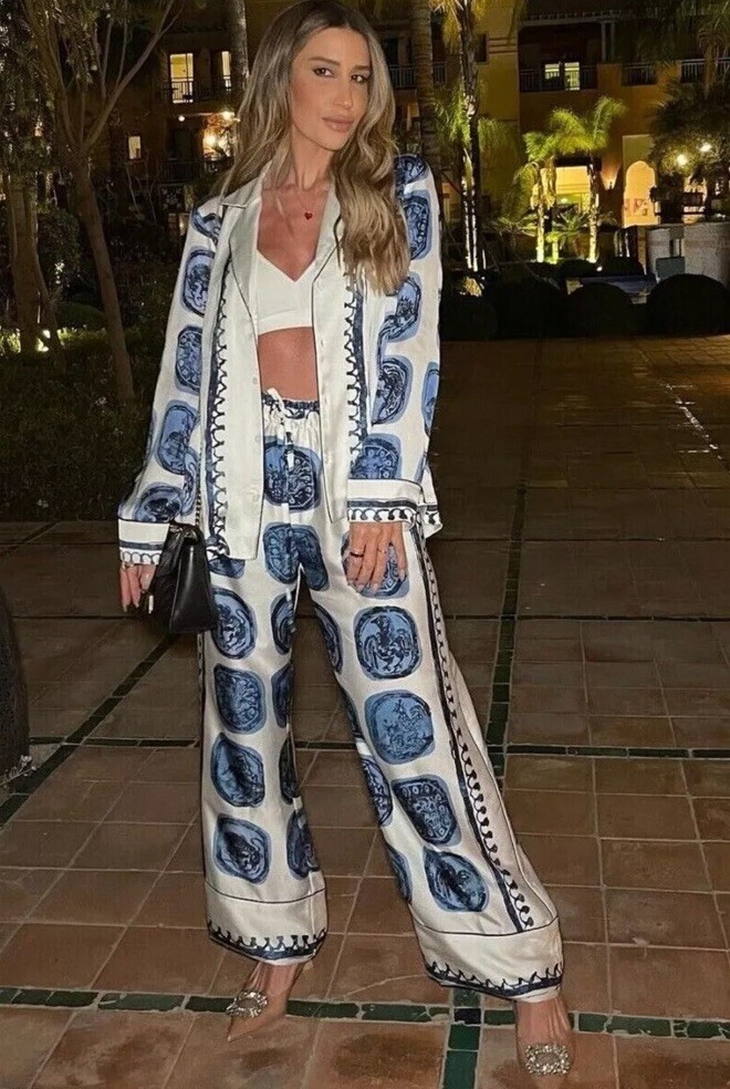 Zara  ZW Collection Printed Shirt & Trousers White Navy Blue Size S Co Ord Set image 8