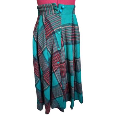 Micmac St. Tropez Vintage 100% Wool Plaid Maxi Midi Pleated Swing Skirt