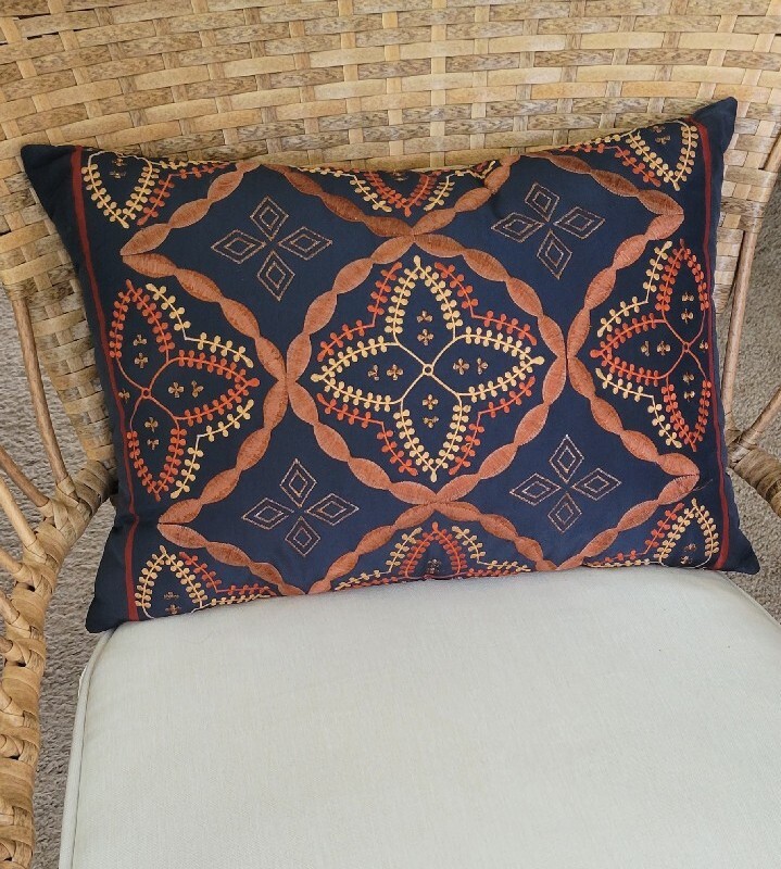 Pier Imports Decorative Pillow- Navy/Orange/Cream Embroidered
