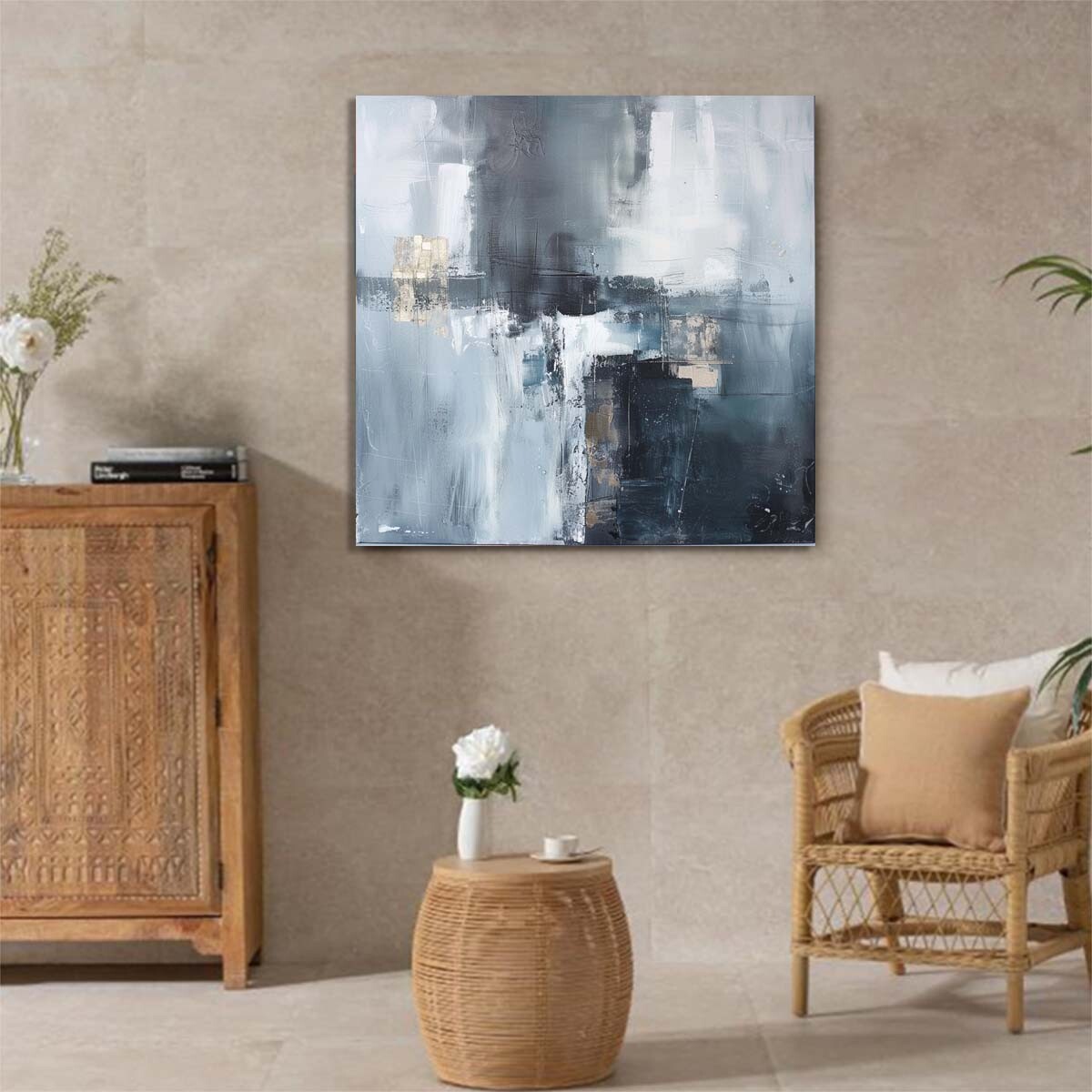 Gray Abstract Wall Art Textured Hand-Painted Oil Paintings for Bedroom Decor