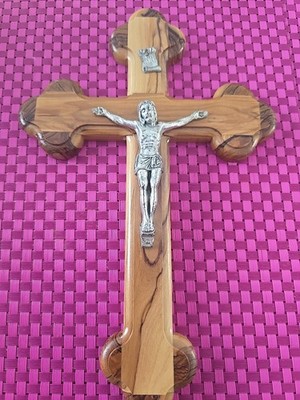 Risen Christ Cross Silver Colored Metal On A Wood Cross 8 x 4 Inches Pewter