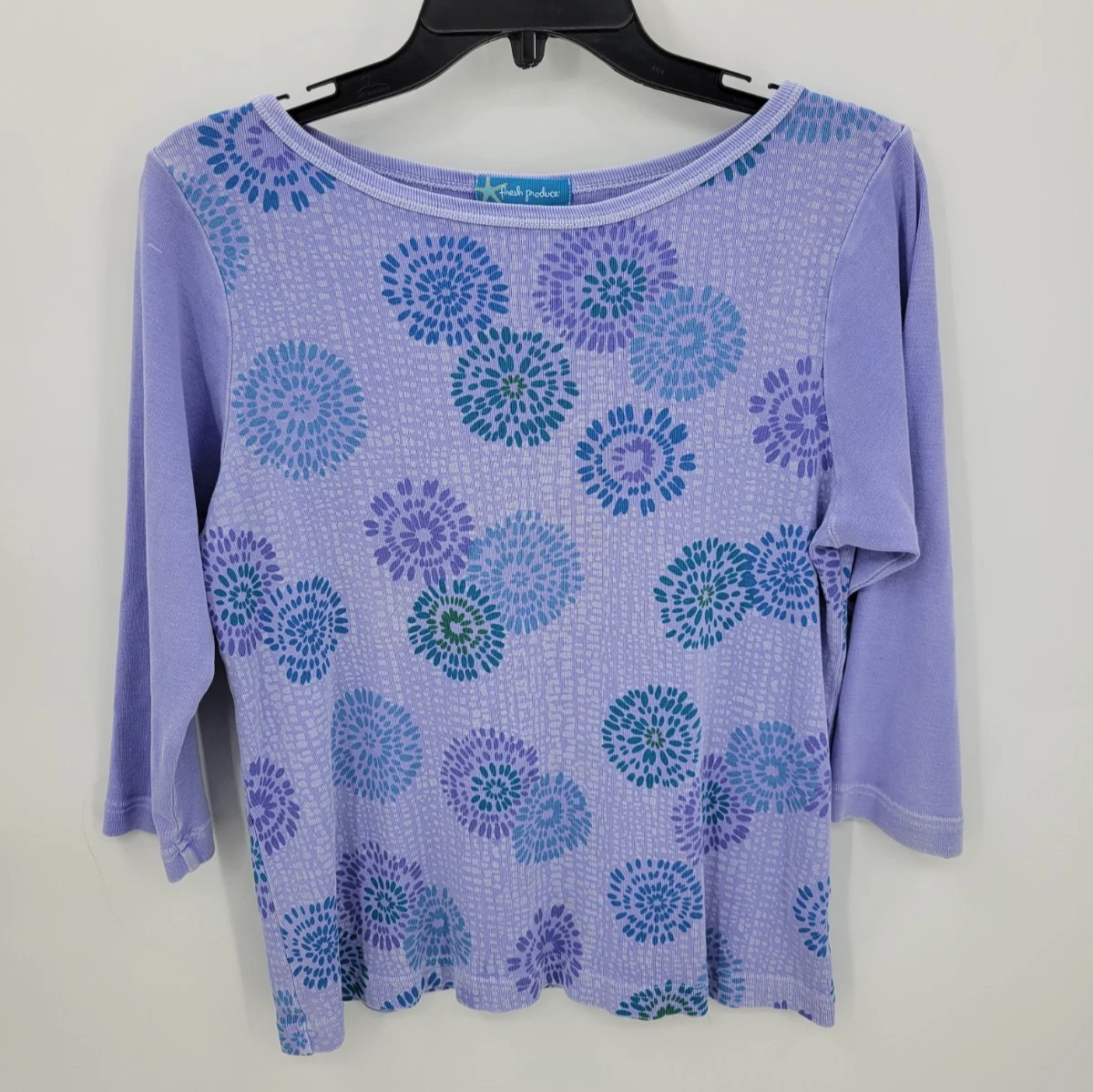 Haut Casual Femme – Taille M, Manches 3/4, Motif Floral, Violet/bleu, Semi-transparent