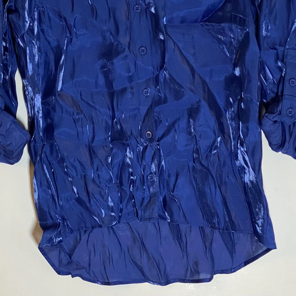 Elementz Top Womens Medium Blue Iridescent Roll Tab Button Up Shirt Sparkle Glam - Image 3 of 4