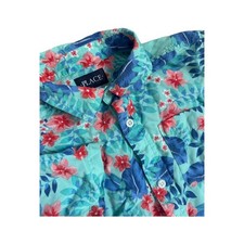 The Children's Place Hawaiian Floral S/S Button Up Shirt Turquoise Boys XL