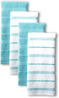TOWN & COUNTRY Kitchenaid Albany Kitchen Towel 4-Pack Set, Aqua/White, 16"X26"
