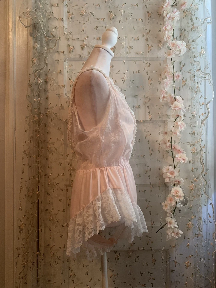 Винтажное белье плюшевый комбинезон оборки кружева розовый белый Sz M/L - Изображение 3 из 4