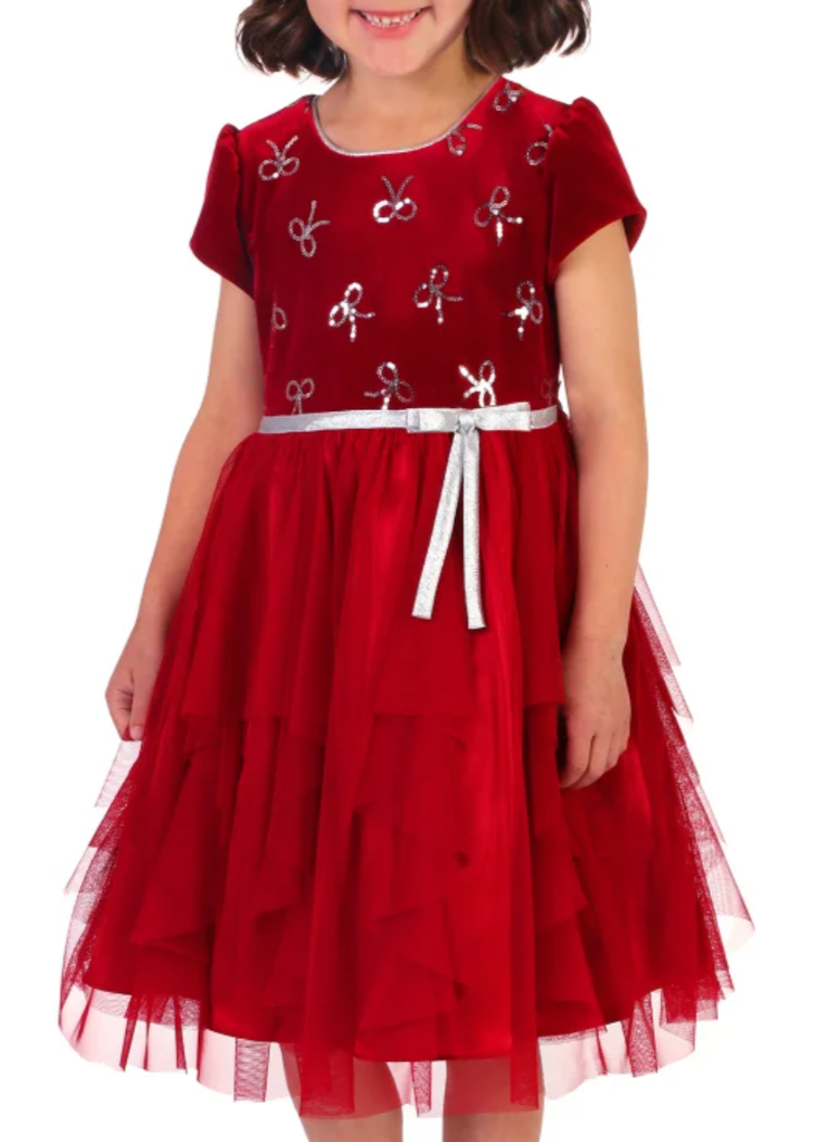 jona michelle holiday dress red Girl's Silver Sequin Bows Velvet & Tulle Dress-Size-6 Pre - Winter Sale '26