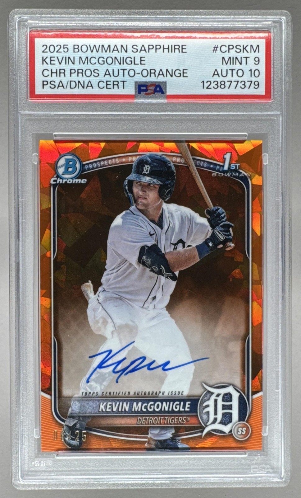 Kevin McGonigle 2025 Bowman Chrome Sapphire Orange 1st RC Auto 8/25 PSA 9/10