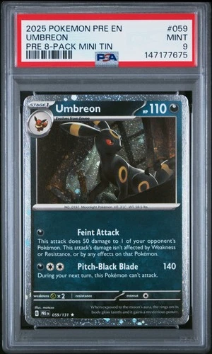 147177675 Umbreon 2025 Pokemon Prismatic Evolutions #059 8 Pack Mini Tin PSA 9
