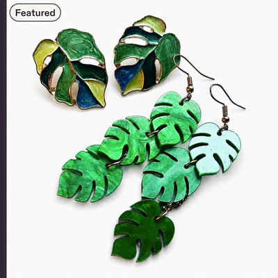 Green Enamel Leaf Earrings Lot 2 Pairs Stud & Dangle Drop Hook No Stone