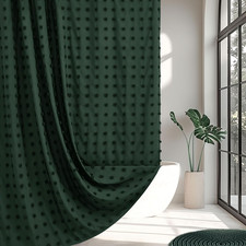 Extra Long Boho Farmhouse Woven Fabric Dark Green Shower Curtain, 72 x 78 Tufted