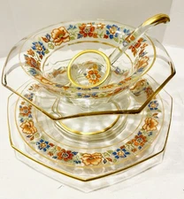 Vtg 3 Pc Floral Pedestal Glass Mayo Compote Plate Spoon Octagon  Gold Trim