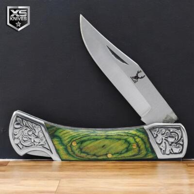 7'' Green WOOD Handle LOCK BACK Manual Open Folding POCKET Knife Hunting w/ POUCH