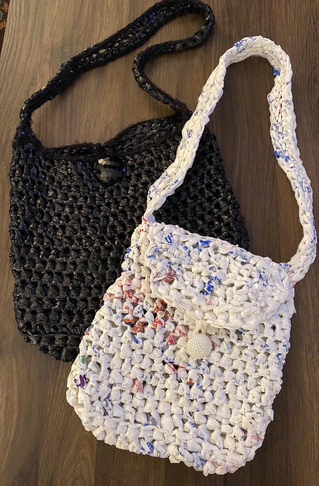 Handmade Plastic Bag Purses in Black And White Gem