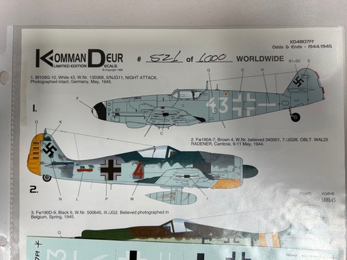 NEU Vintage Komman Deur KD4807Ff Bf109G Fw190D Krieg Modellflugzeug Aufkleber 1/48 (BQ3) - Bild 3 von 3