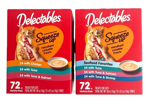 New 2 Hartz Delectables Squeeze Up Lickable Cat Variety Pack 72 Treats 144 Tubes