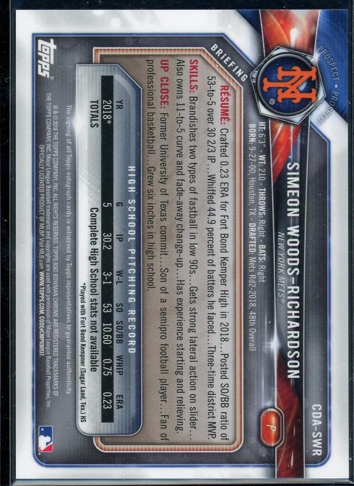 Simeon Woods Richardson 2018 Bowman Chrome Sparkles Refractor Auto Rookie RC /71 - Image 2 of 2