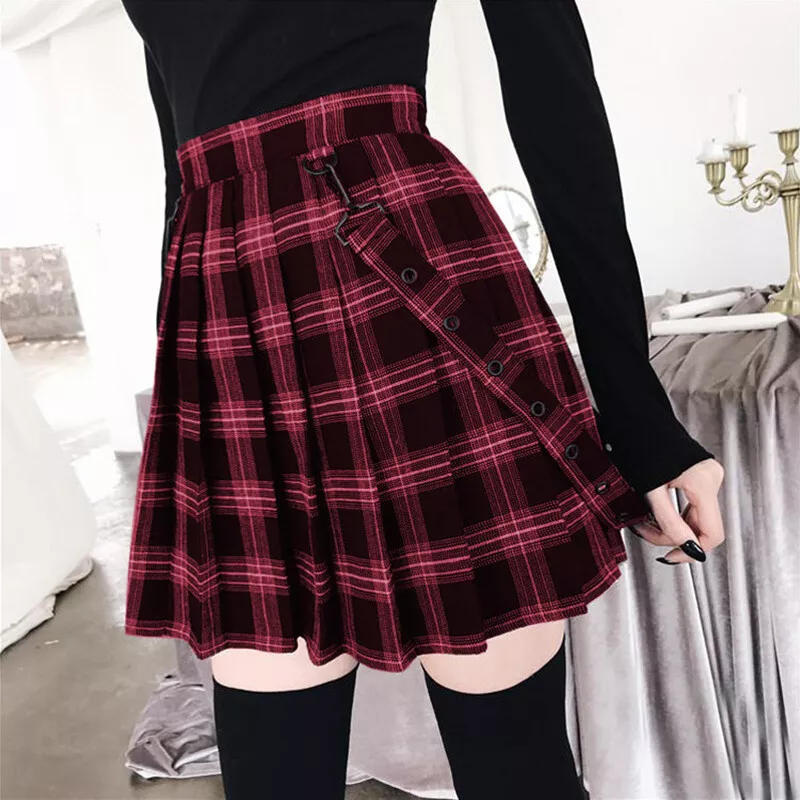 Women Plus Size Plaid Pleated Skirt High Waist Short Skirt w