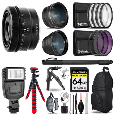 Sony FE 24mm f/2.8 G Lens -3 Lenses+Flash +Tripod-64GB Kit