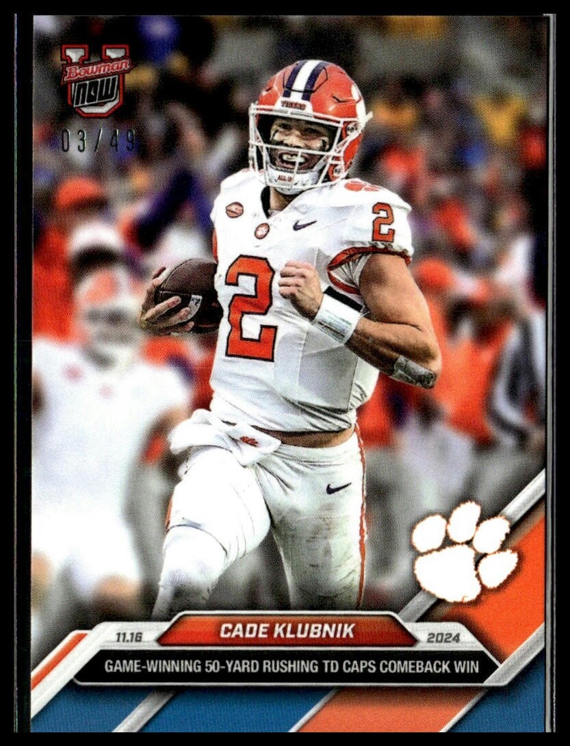 2024 Topps Bowman U Now 42 Cade Klubnik Clemson Tigers 50-Yd Rush TD Blue 03/49